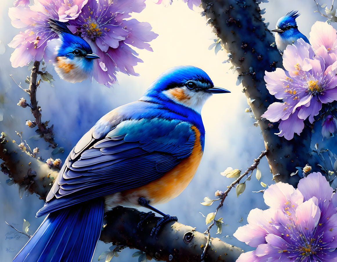 Colorful Birds Perched on Branches with Purple Blossoms