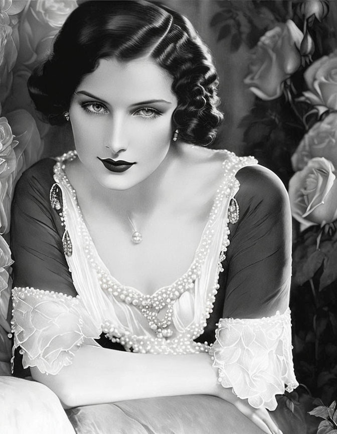 Monochrome image of woman with 1930s hairstyle in pearl-accented dress among roses