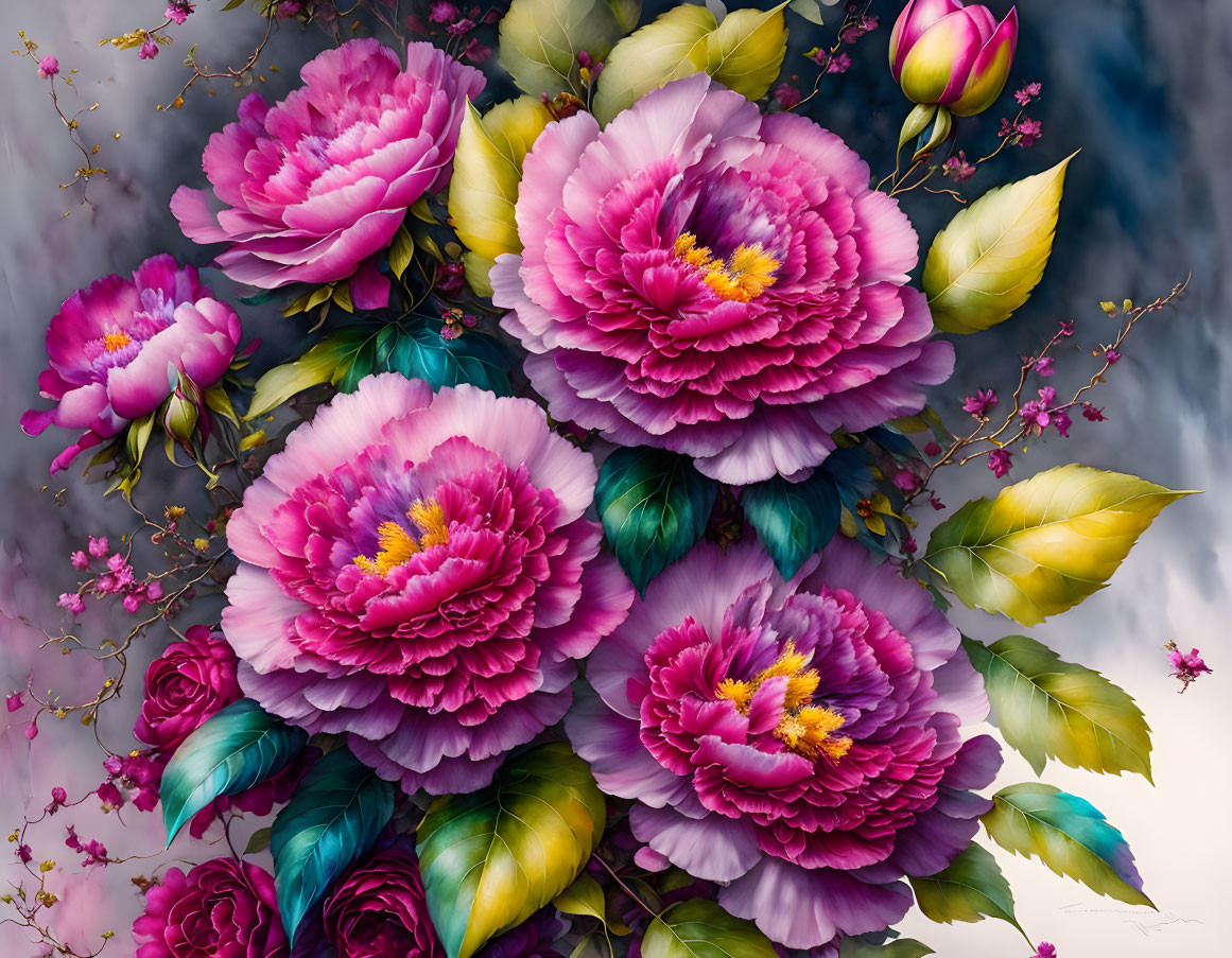 Pink and Purple Peonies with Green Leaves on Cloudy Background