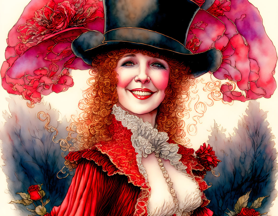 Portrait of a woman with curly red hair, black hat, and red jacket among red flowers