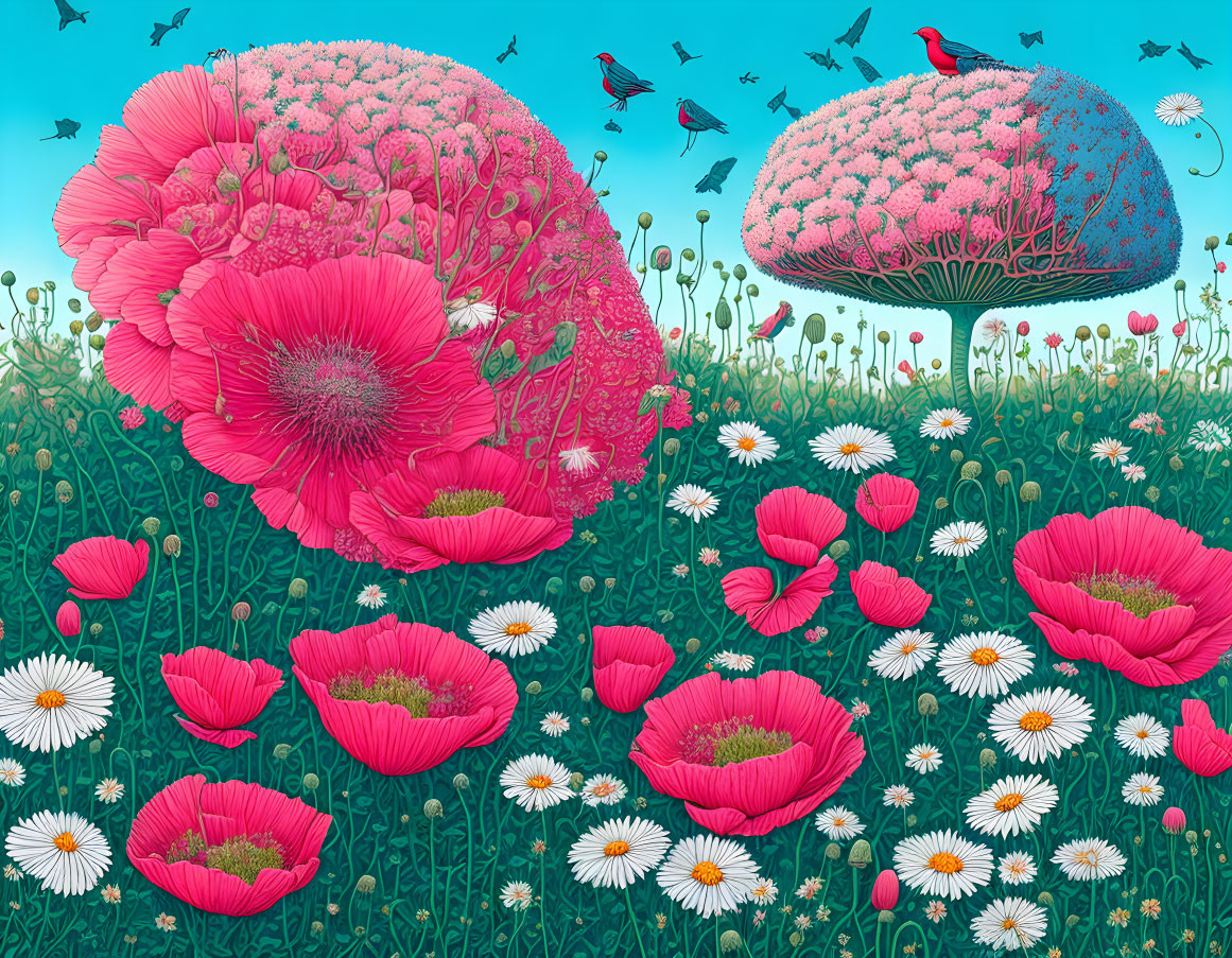 Colorful Illustration: Pink Poppies and Birds in Blue Sky