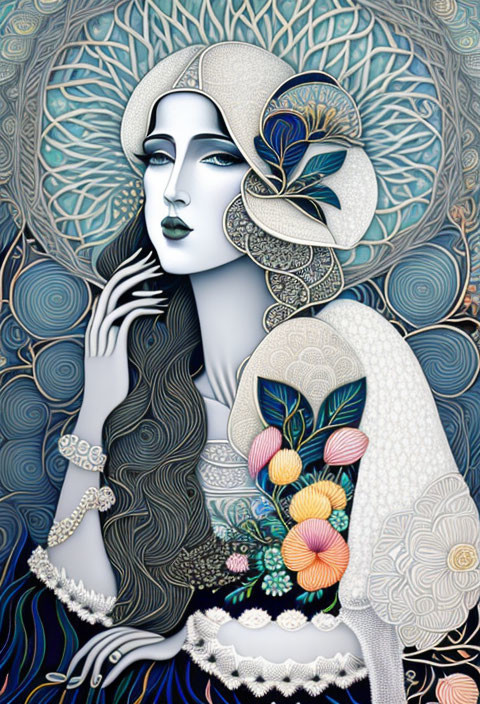 Stylized woman with flowing hair and floral patterns in cool colors