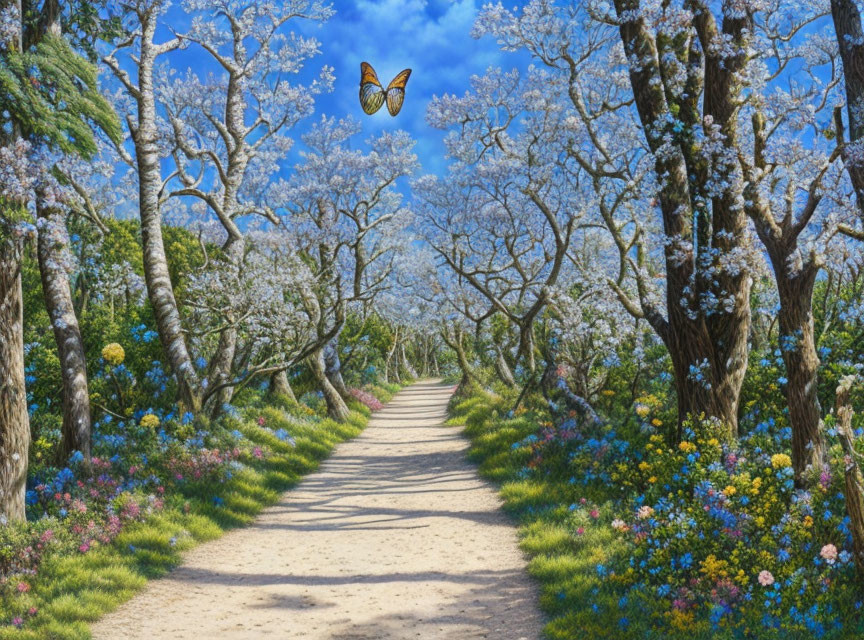 Tranquil pathway with blooming trees and butterfly under blue sky