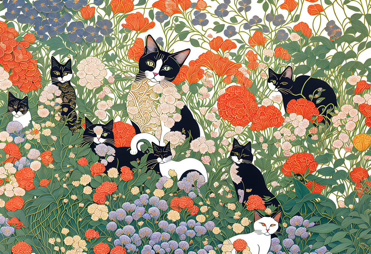 Vibrant floral background with camouflaged cats among red, orange, and white flowers