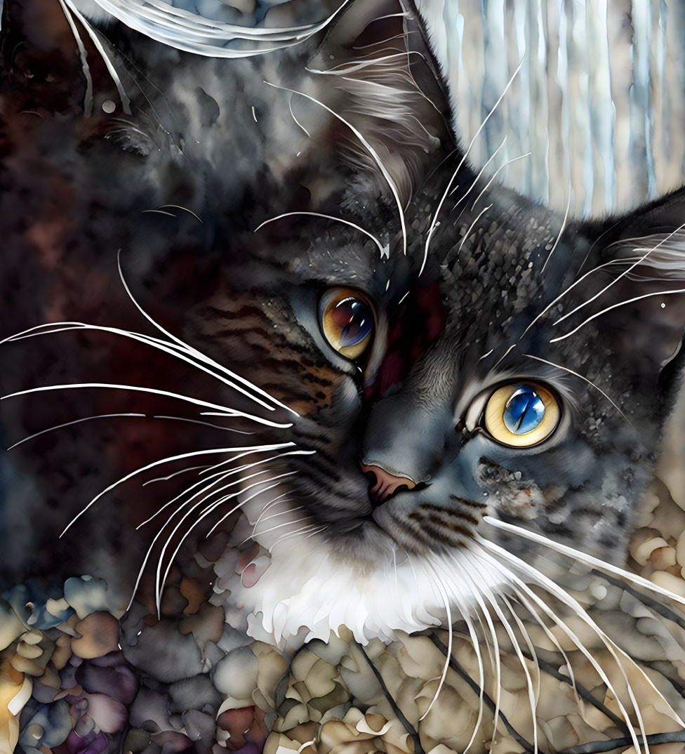 Dual-Colored Eyed Cat Digital Painting with Whiskers & Textured Background