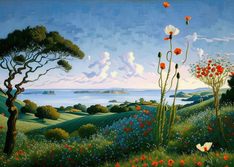 Serene countryside painting with green hills, red poppies, and calm sea