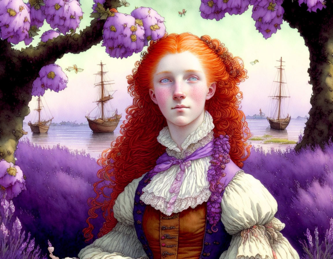 Illustration of red-haired woman with blue eyes surrounded by purple blooms and ships on lilac sea.