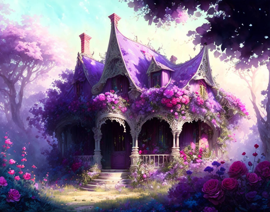 Purple Rooftop Fantasy Cottage Surrounded by Lush Gardens in Enchanted Forest