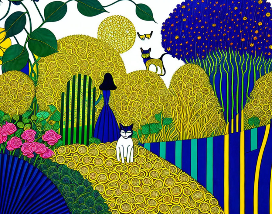 Colorful digital artwork: patterned nature with cats and butterflies