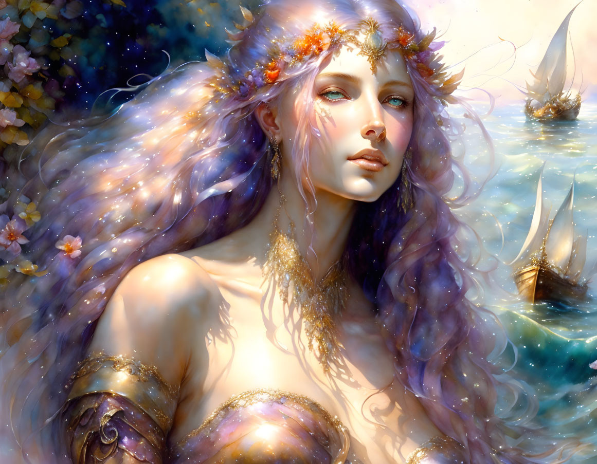 Fantasy illustration: Woman with multicolored hair, floral crown, golden jewelry, ships, and