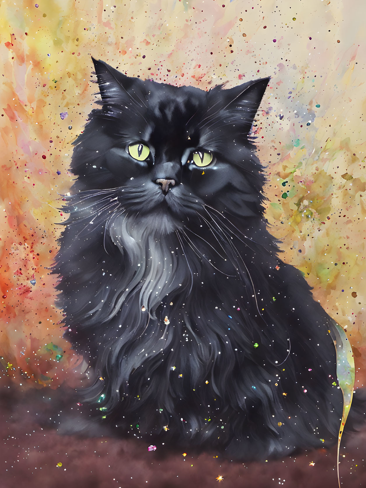 Majestic black cat with yellow eyes in vibrant digital painting