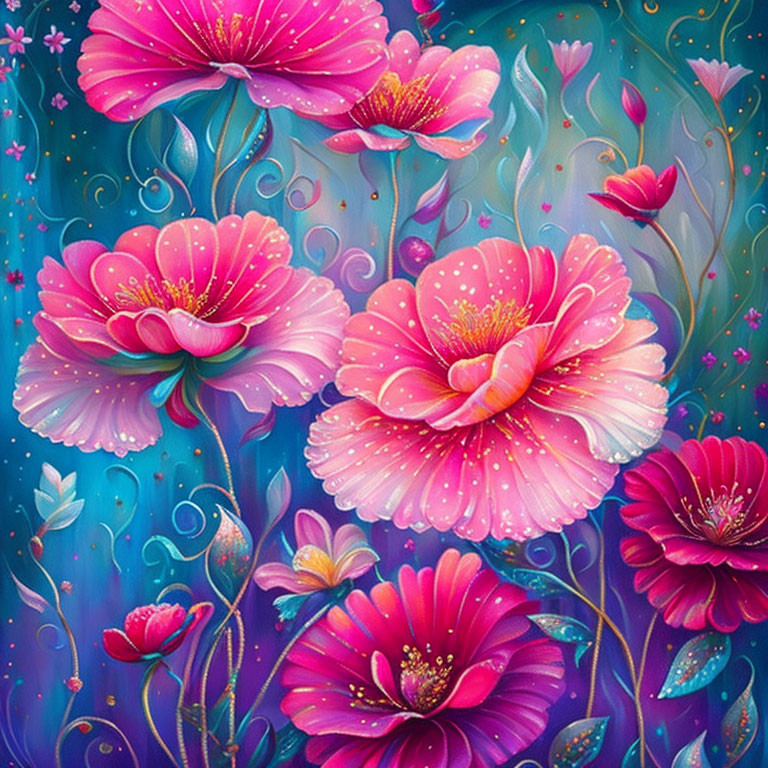 Pink and Gold Flowers on Blue Background with Flourishes and Petals