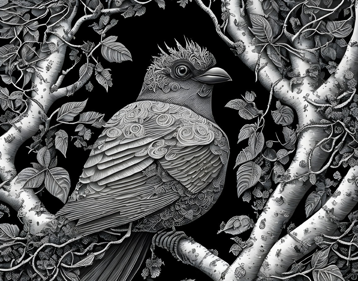 Detailed black and white illustration: Ornate bird among patterned branches