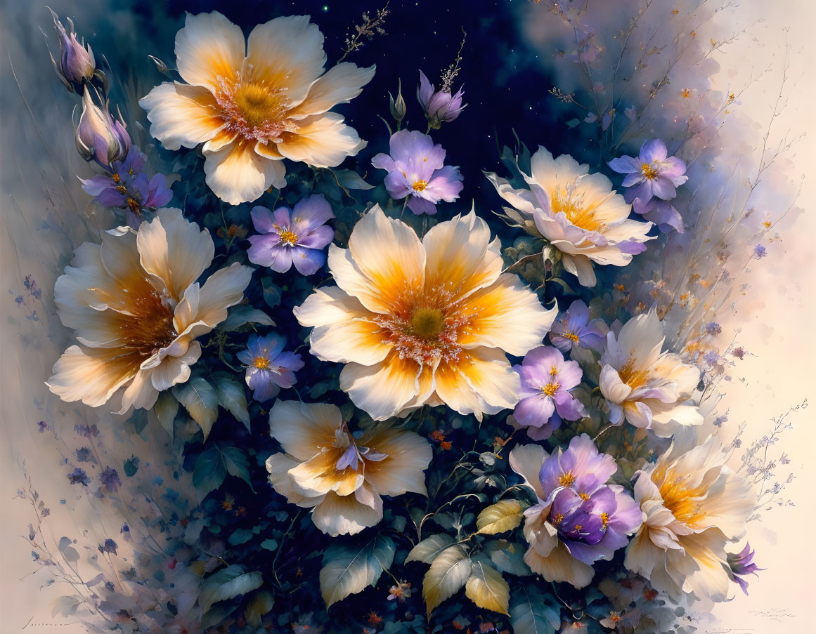 Colorful floral painting with golden centers and purple petals on a dark background