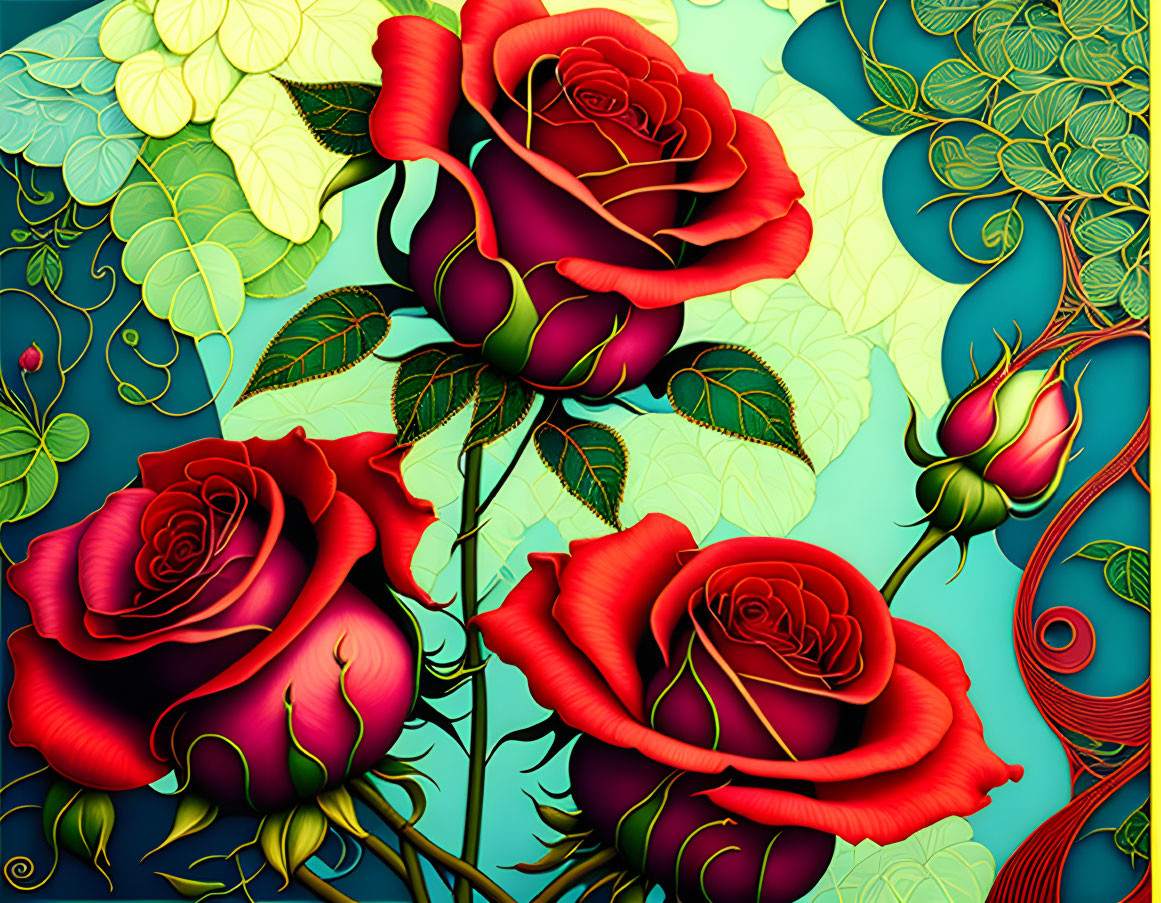 Detailed Red Roses Digital Illustration on Turquoise Background