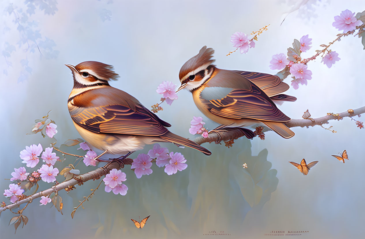 Birds and butterflies in serene, pastel-colored setting