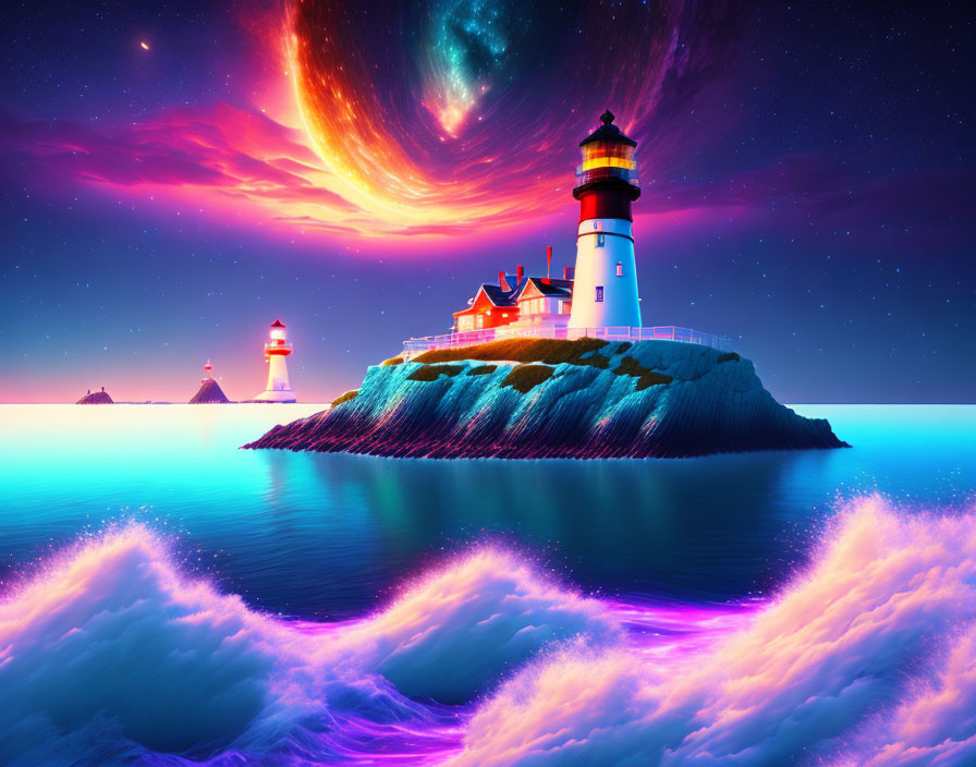 Surreal seascape with glowing waves, lighthouse, and colorful galaxy