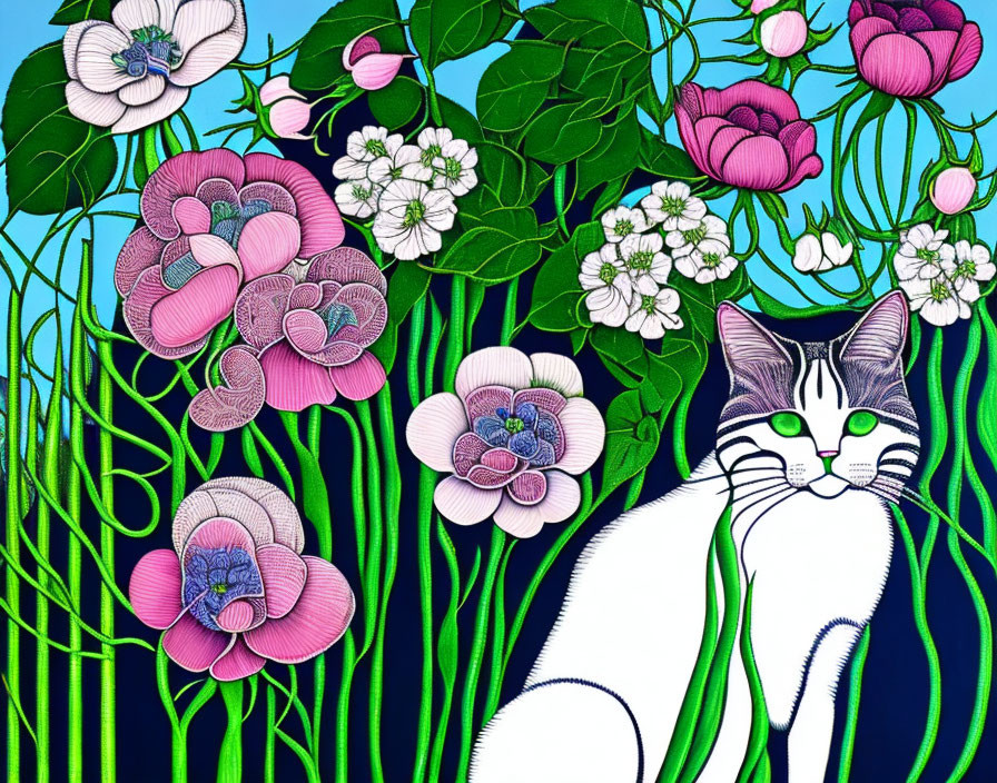 Colorful Stylized Cat Among Vibrant Flowers and Greenery on Blue Background