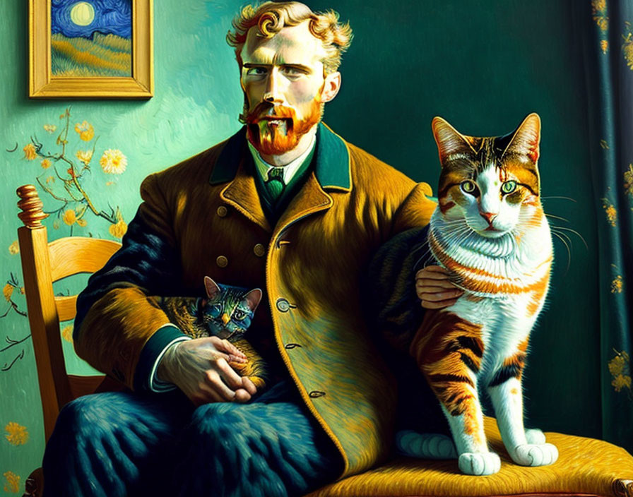 Man with beard and pipe next to calico cat in classic style.