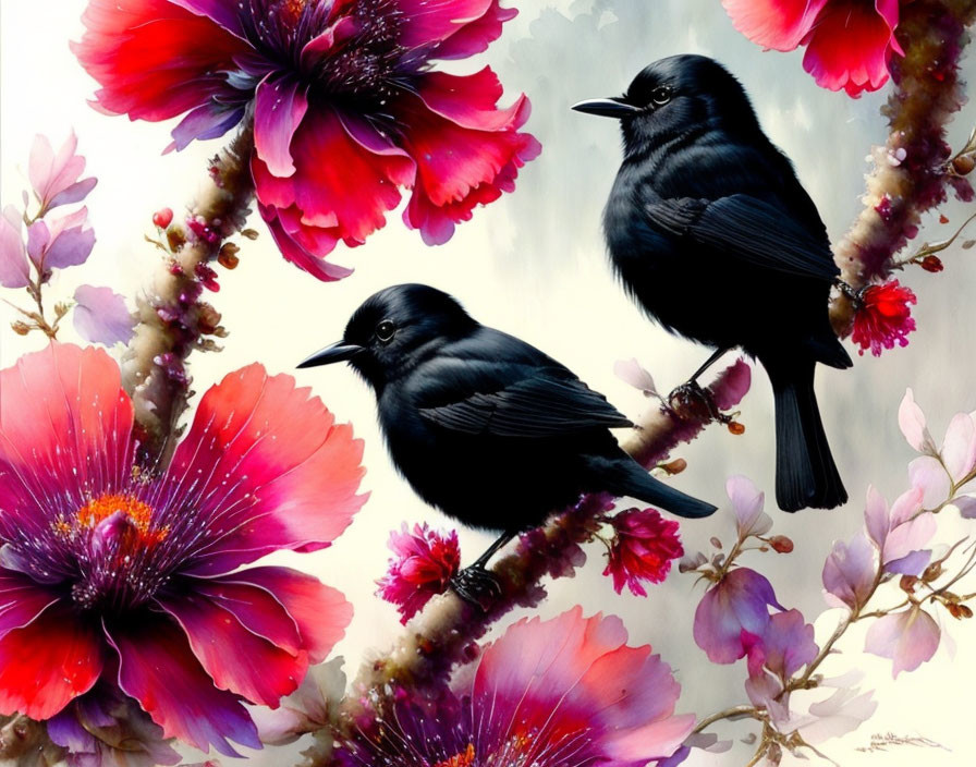 Blackbirds on branches with pink flowers and grey background