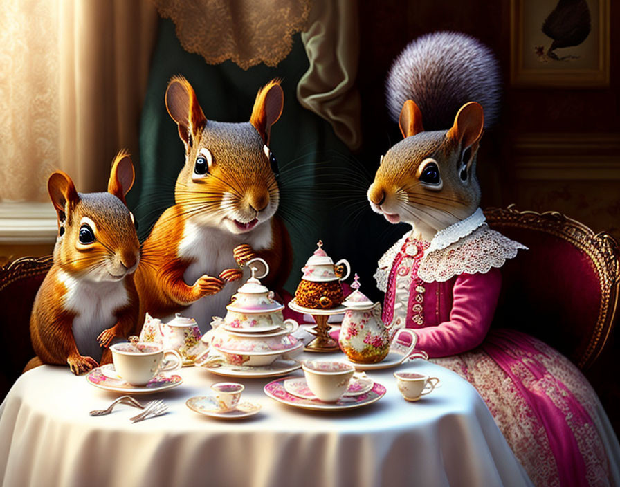 Anthropomorphic squirrels in vintage tea party scene