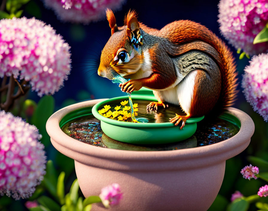 Digitally-rendered squirrel with blue flower drinking from birdbath among pink flowers