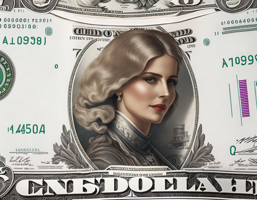 Illustrated portrait of woman in vintage attire on US dollar bill backdrop