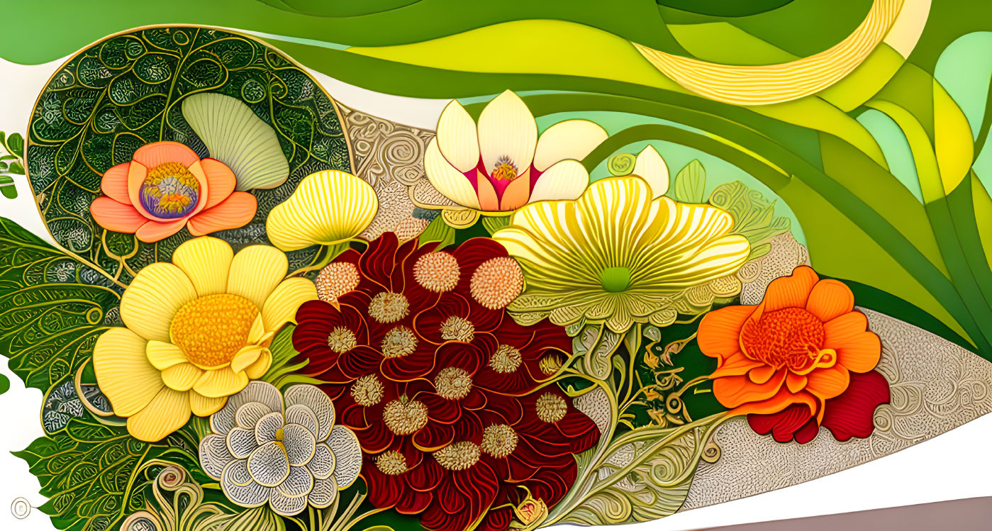 Colorful digital artwork: Intricate floral scene in green, yellow, red, and white