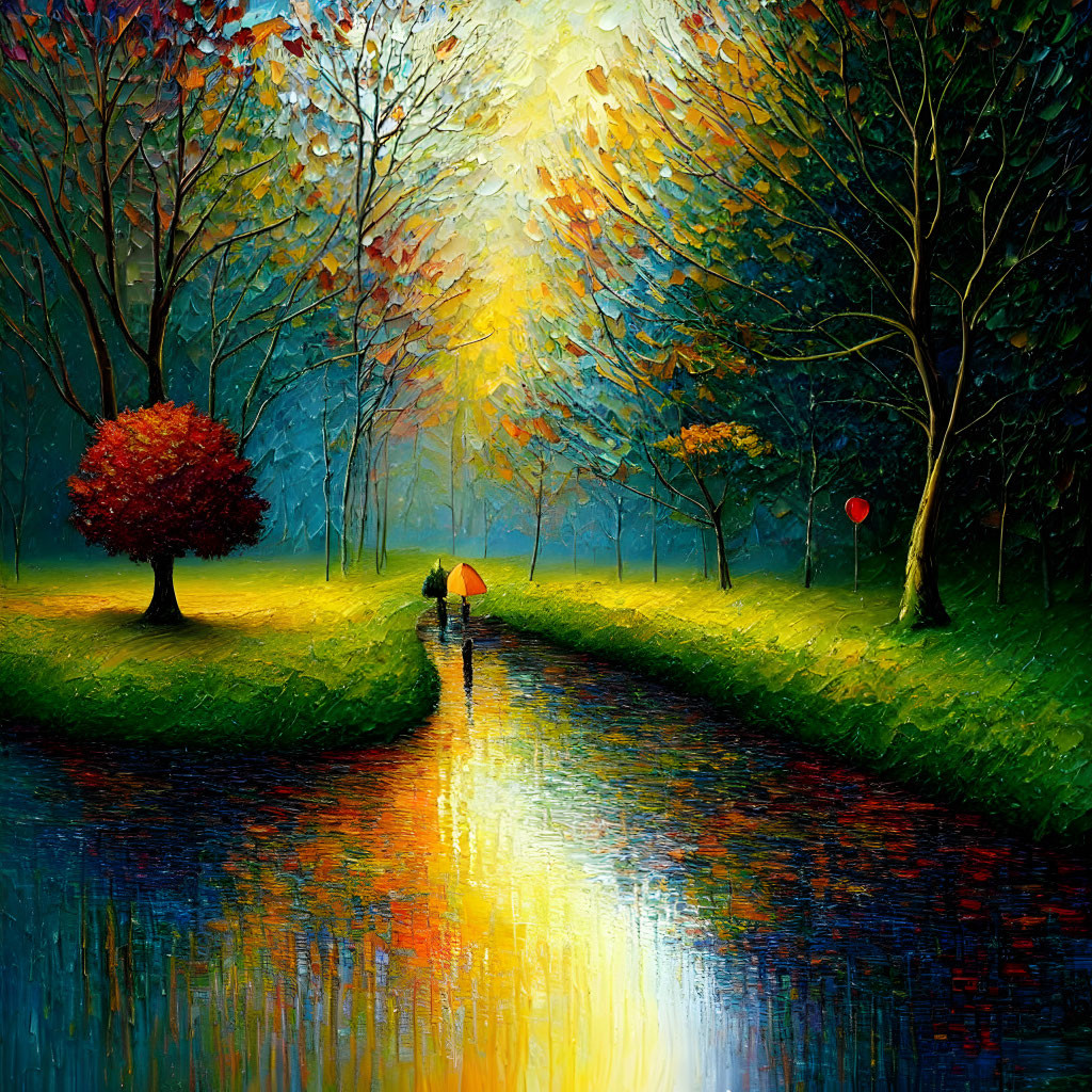 Colorful Autumn Painting: Figures with Umbrellas by Waterway