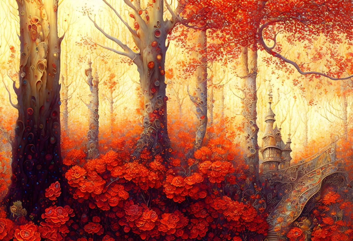 Majestic forest with towering trees and fiery red leaves surrounding an intricate castle