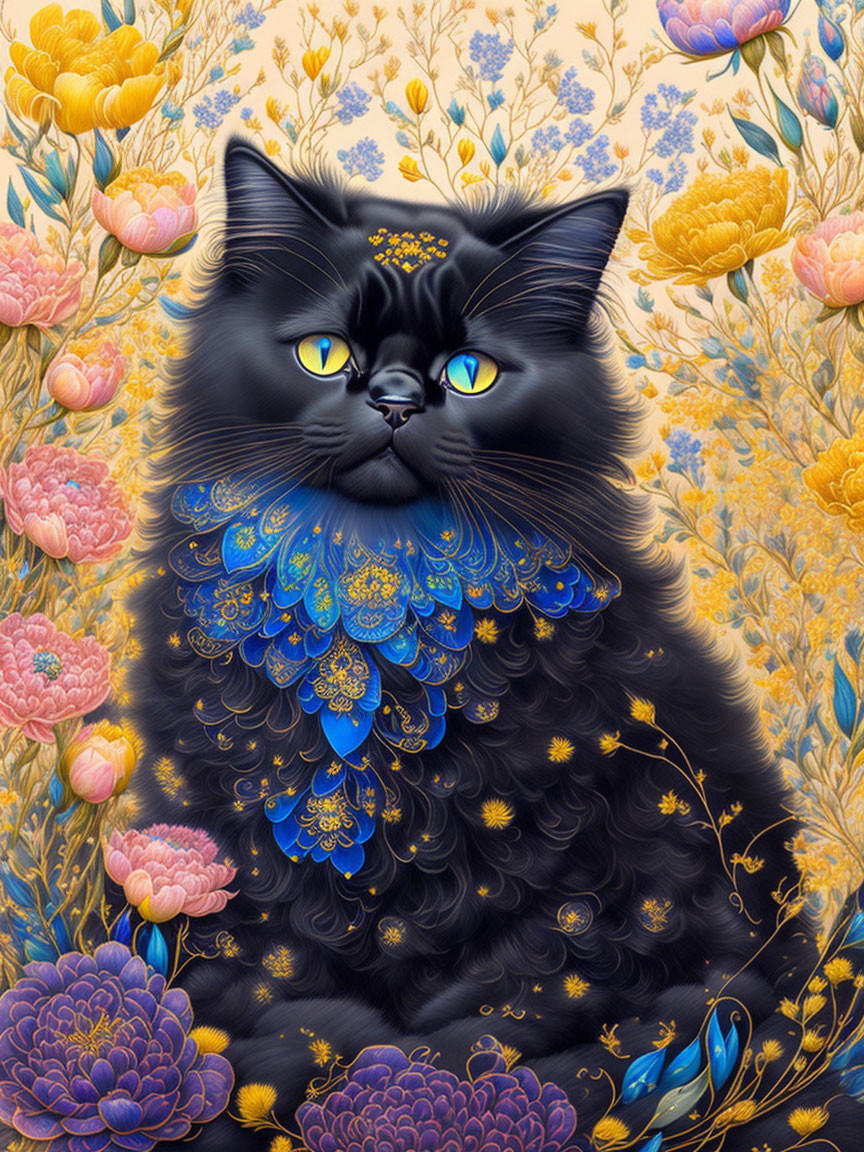 Intricate blue and gold patterned black cat in vibrant floral setting