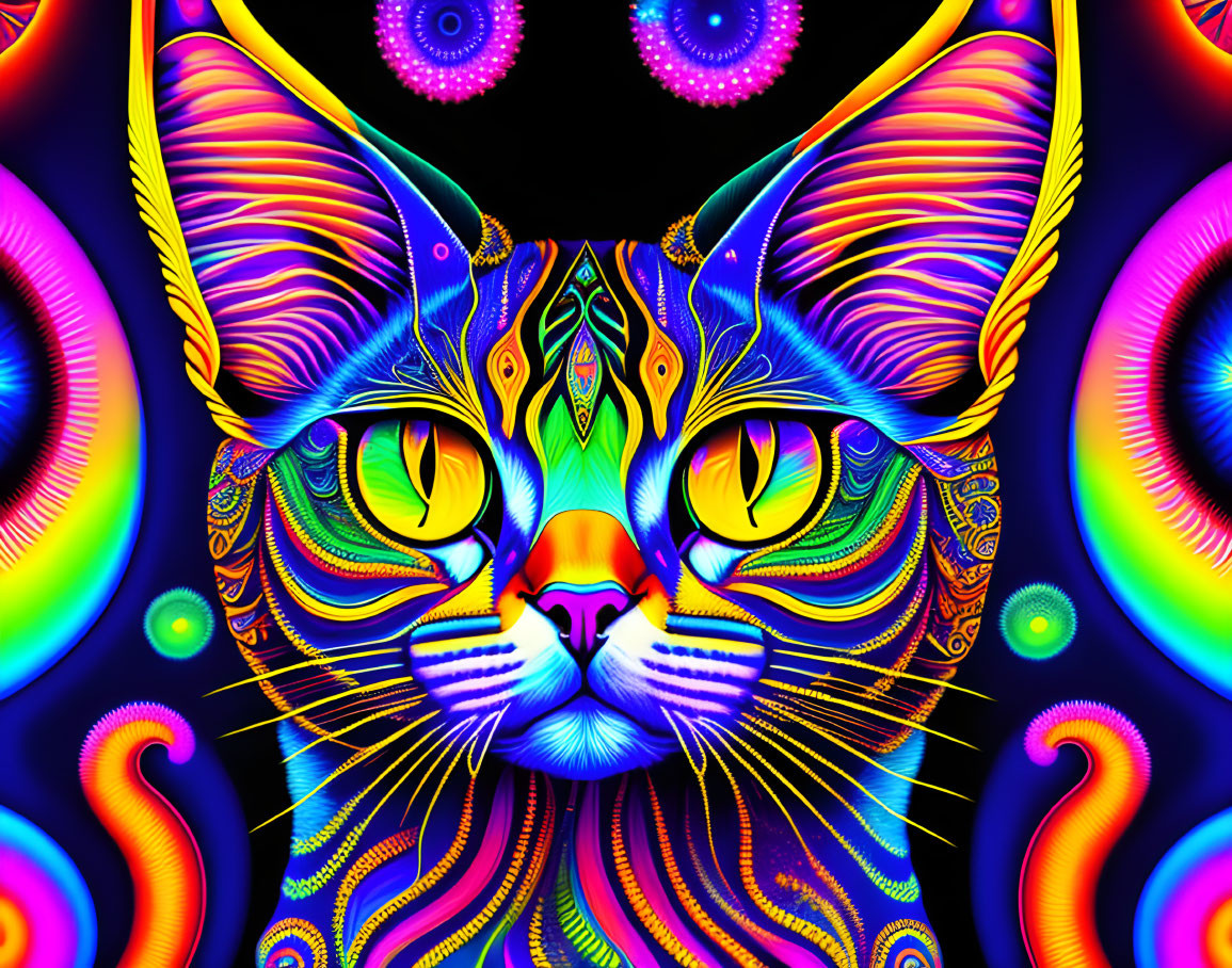 Colorful Psychedelic Cat Illustration with Fluorescent Patterns