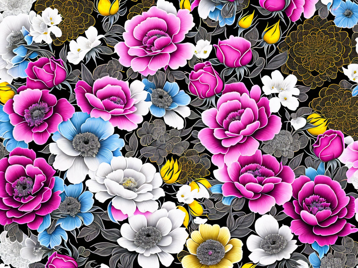 Colorful Flower Pattern on Dark Background with Intricate Detailing