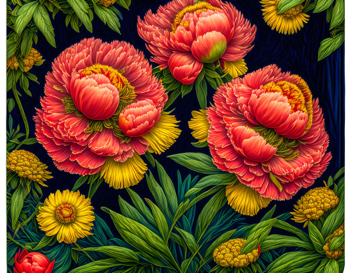 Colorful Floral Illustration: Red-Orange Peonies, Yellow Flowers, Green Foliage