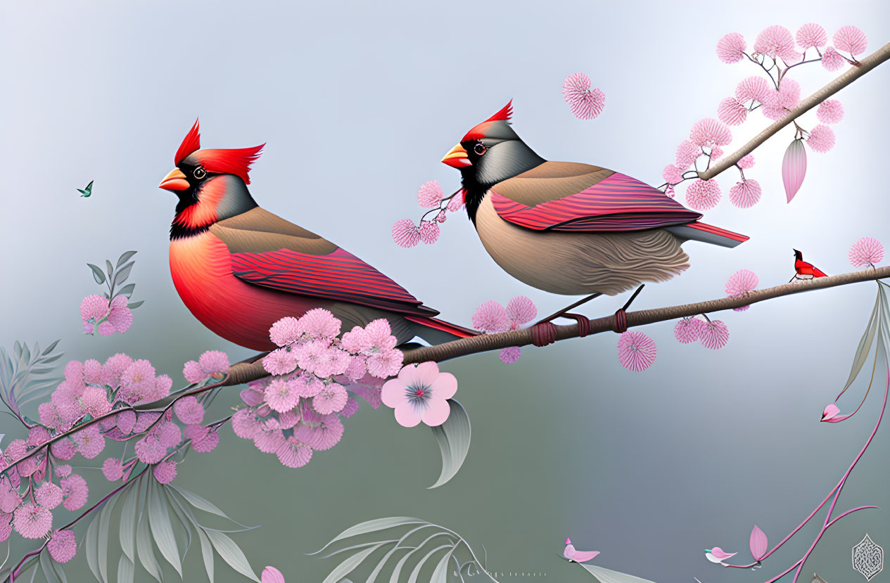 Colorful cardinal birds on cherry blossom branch with butterfly in grey background