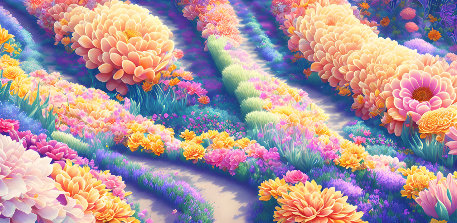 Colorful Floral Path Illustration with Oversized Blooms in Pink, Purple, Orange, and Yellow