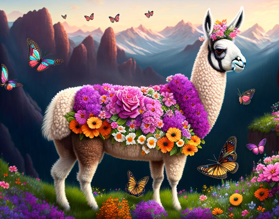 Colorful llama with flowers in lush landscape and butterflies.