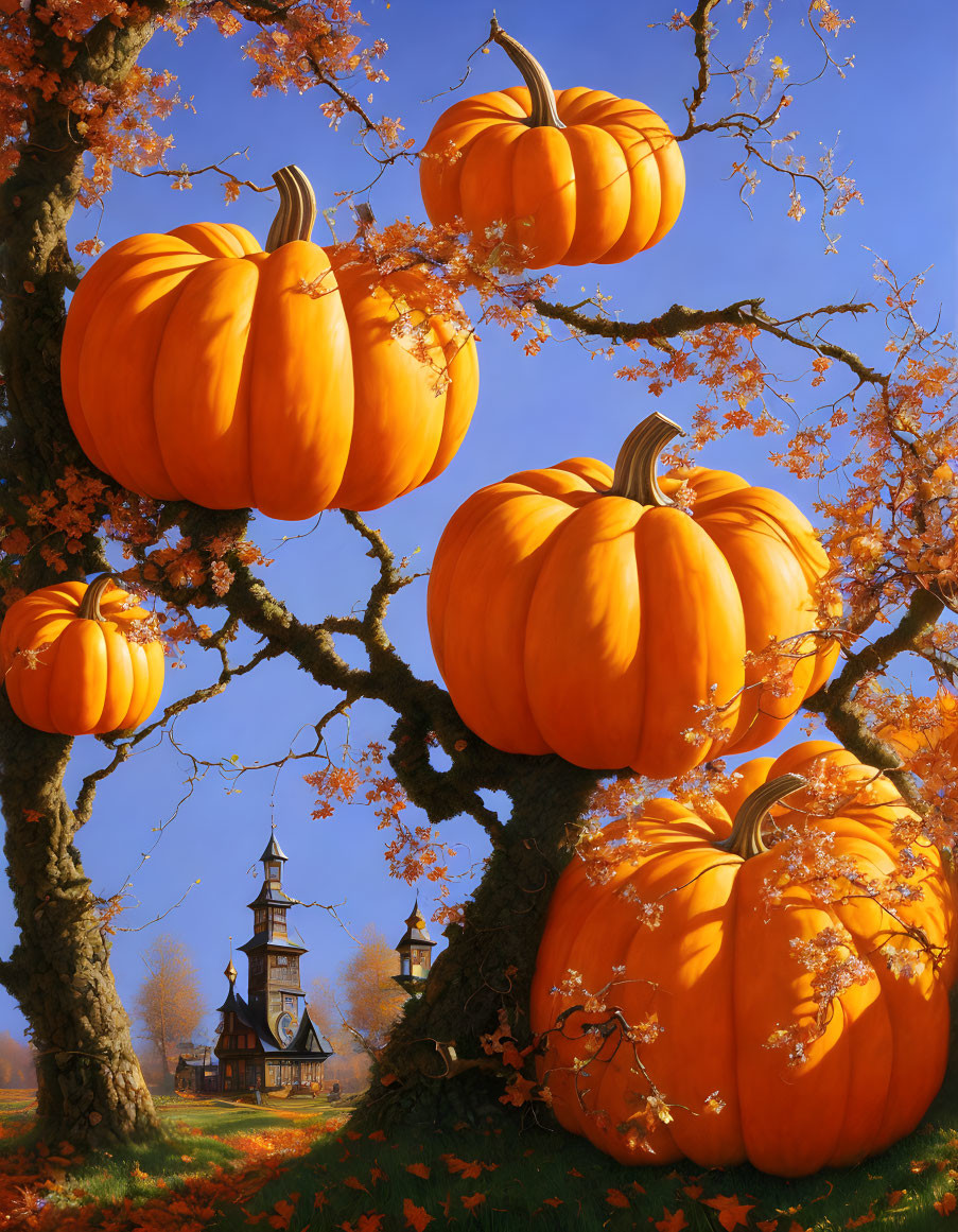 Colorful autumn scene with oversized pumpkins, vibrant leaves, and distant church