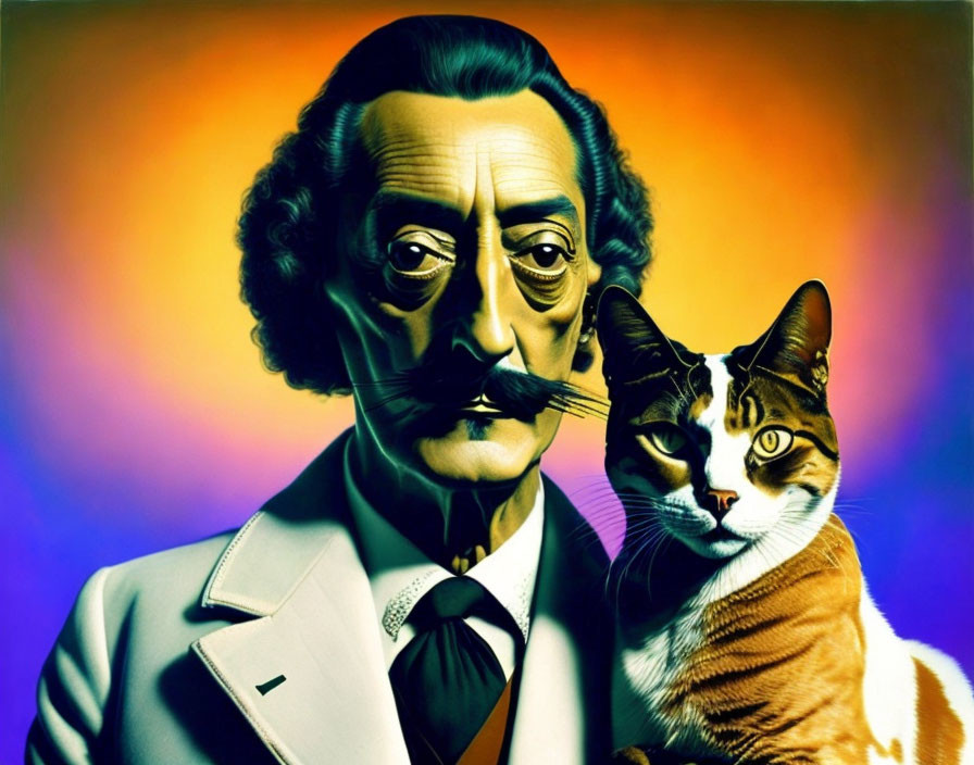 Surreal Artwork: Man with Long Mustache & Intense-Eyed Cat