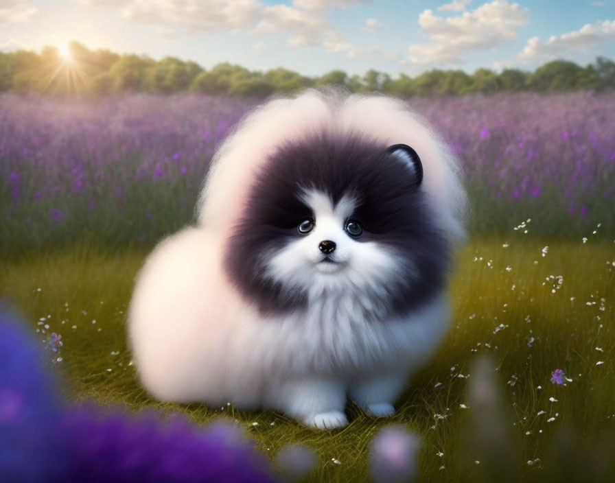 Tricolor Pomeranian Puppy in Vibrant Purple Flower Field