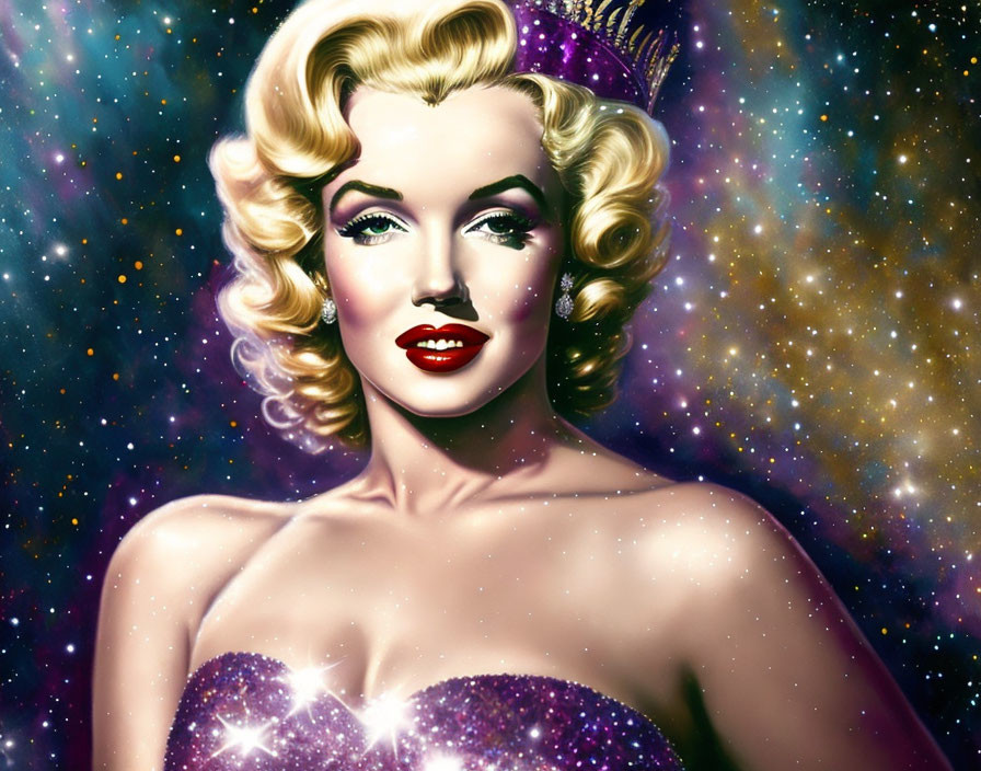 Glamorous woman with blonde curls in purple dress and tiara