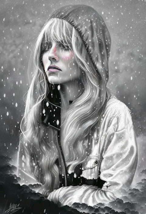 Monochromatic illustration of woman in hooded jacket amid falling snowflakes