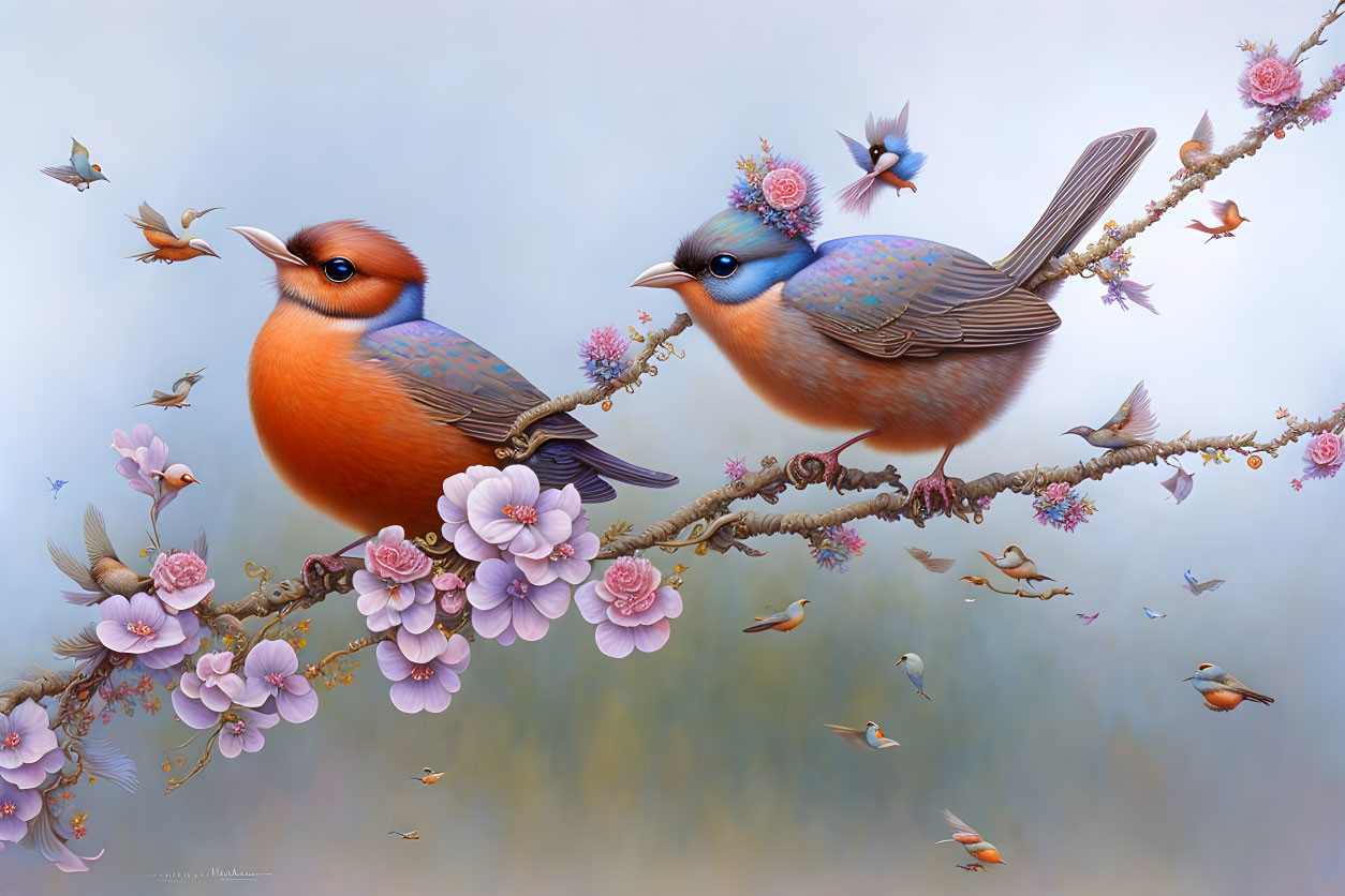 Colorful Birds on Flowering Branch with Flying Birds in Pastel Background