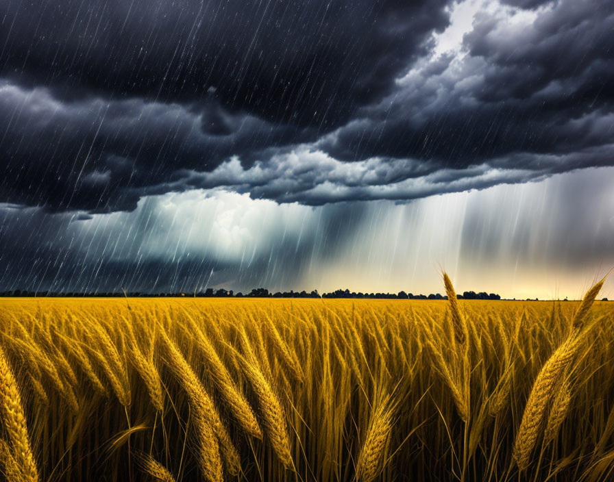 Golden wheat field under stormy sky with heavy rain