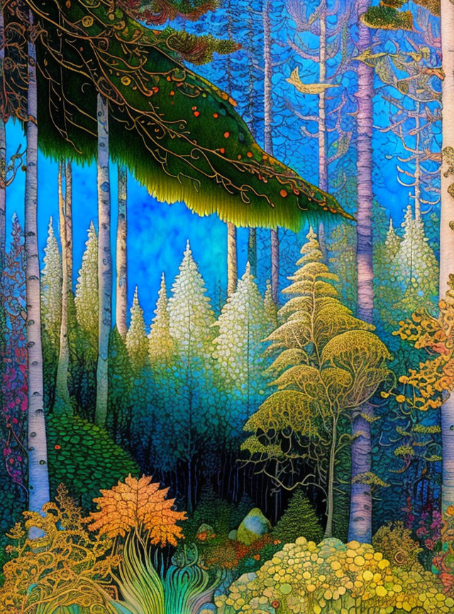 Colorful Stylized Forest Scene with Intricate Foliage and Mystical Blue Background