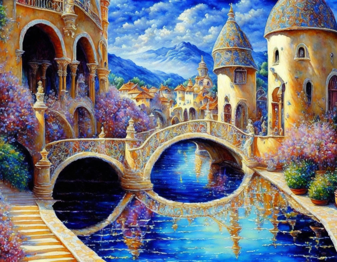 Colorful painting of whimsical village with ornate buildings, arched bridges, lush florals,