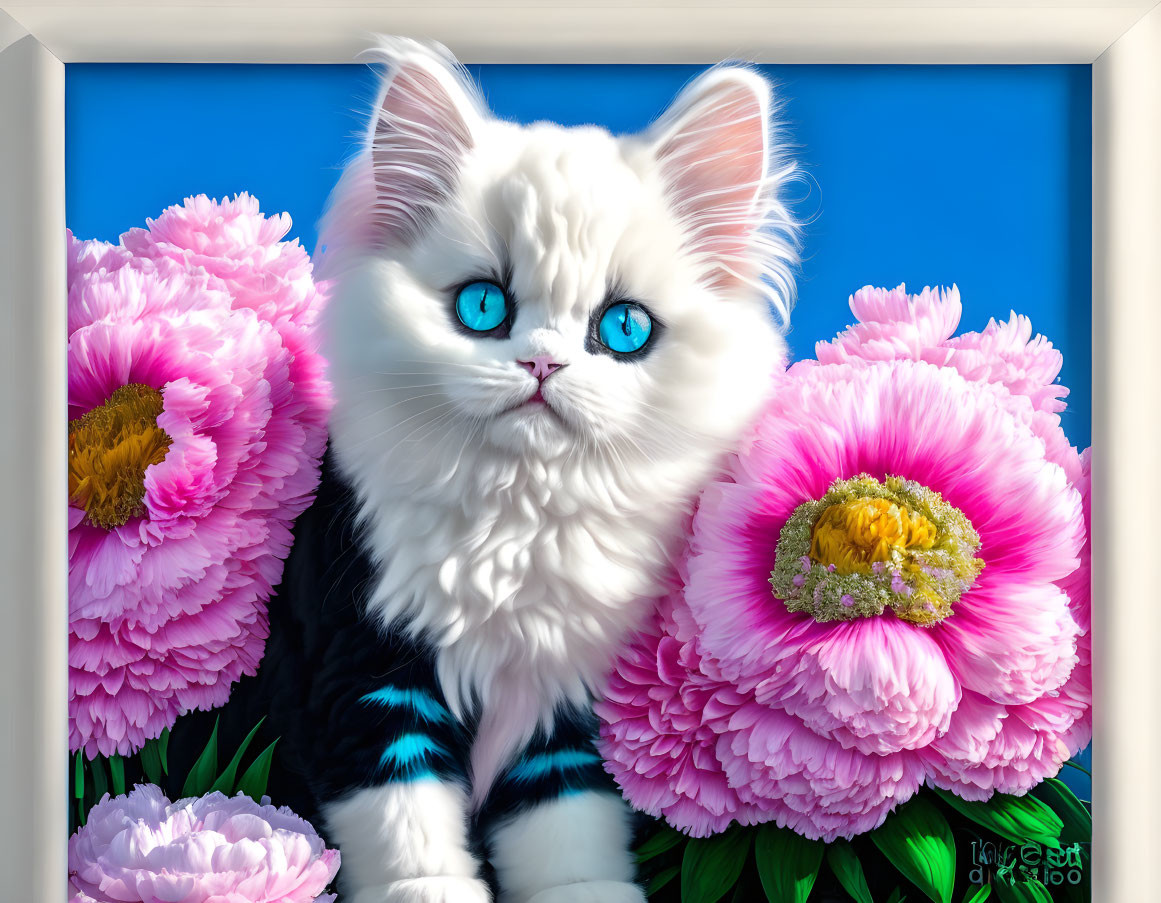 Fluffy white kitten with blue eyes among pink peonies on blue background