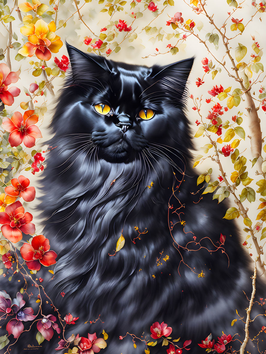 Black Cat with Yellow Eyes Among Colorful Flowers and Vines on Cream Background