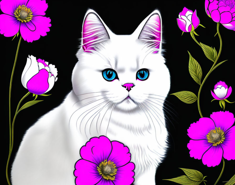 Fluffy white cat with blue eyes in front of pink flowers and green foliage