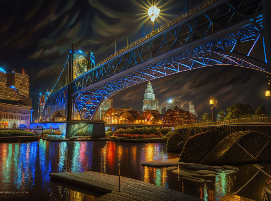 Illuminated bridge over water with city skyline and dramatic clouds at night.